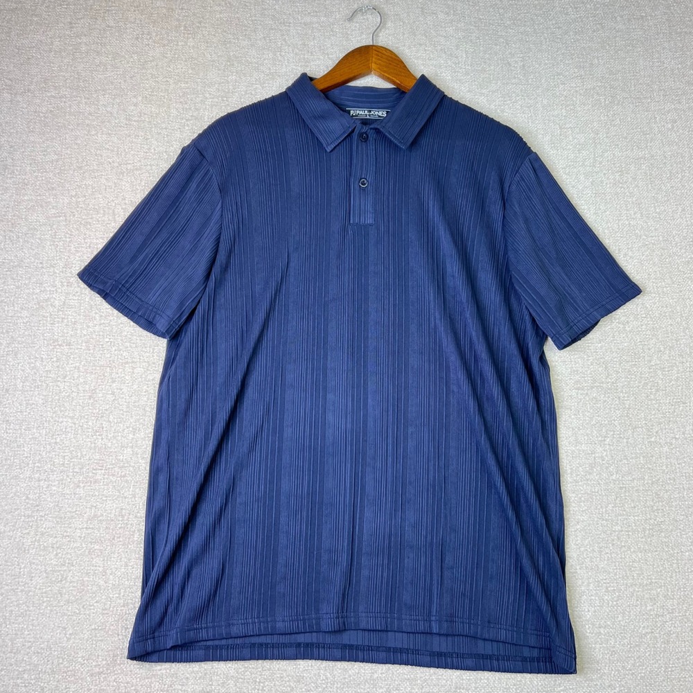 PJ Paul Jones Short Sleeve Polo Mens Large Navy Blue Vertical Pleated Textured